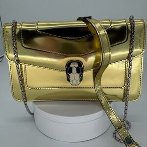 BVLGARI Serpenti Metallic Gold Leather Crossbody Bag | Silver Chain
